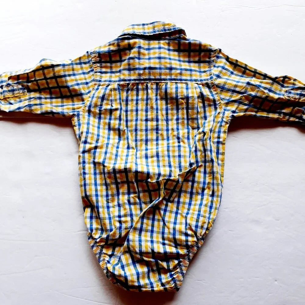 Oshkosh Boys Shirt Button Down Bodysuit Yellow Blue Plaid Long Sleeve 18 Months